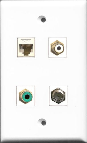 RiteAV 1 Port RCA White and 1 Port RCA Green and 1 Port Coax Cable TV- F-Type and 1 Port Cat6 Ethernet White Wall Plate