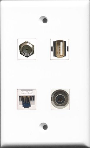RiteAV 1 Port Coax Cable TV- F-Type and 1 Port USB A-A and 1 Port 3.5mm and 1 Port Cat5e Ethernet White Wall Plate