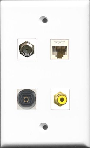 RiteAV 1 Port RCA Yellow and 1 Port Coax Cable TV- F-Type and 1 Port Toslink and 1 Port Cat6 Ethernet White Wall Plate