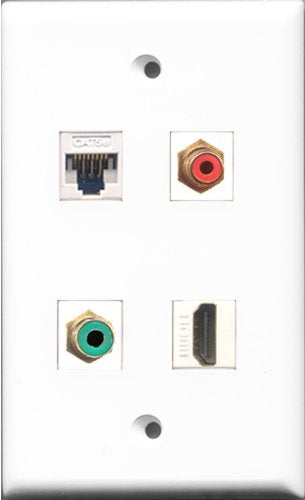 RiteAV 1 Port HDMI and 1 Port RCA Red and 1 Port RCA Green and 1 Port Cat5e Ethernet White Wall Plate