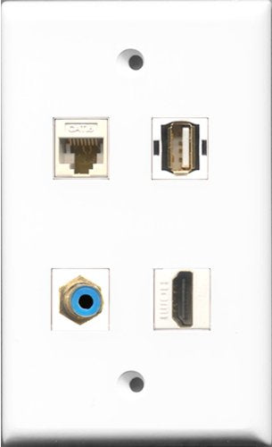 RiteAV 1 Port HDMI and 1 Port RCA Blue and 1 Port USB A-A and 1 Port Cat6 Ethernet White Wall Plate
