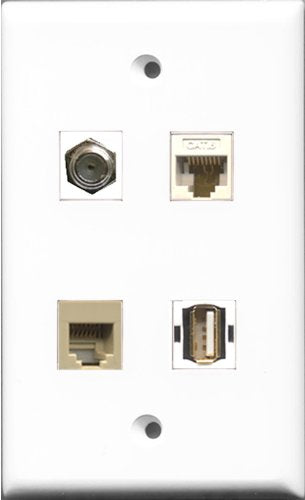 RiteAV 1 Port Coax Cable TV- F-Type and 1 Port USB A-A and 1 Port Phone RJ11 RJ12 Beige and 1 Port Cat6 Ethernet White Wall Plate