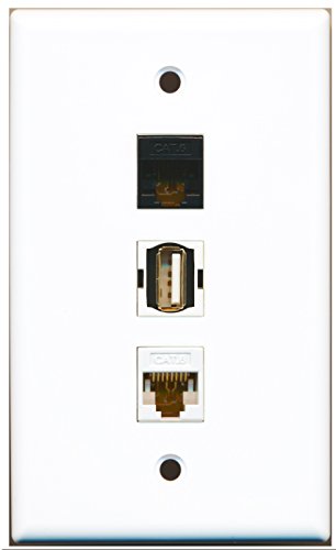 RiteAV - 1 Port USB A-A and 1 Port Cat6 Ethernet White and 1 Port Cat6 Ethernet Black Wall Plate
