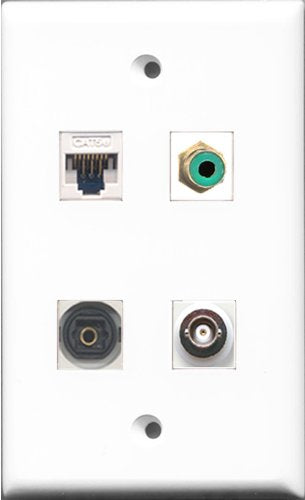 RiteAV 1 Port RCA Green and 1 Port Toslink and 1 Port BNC and 1 Port Cat5e Ethernet White Wall Plate