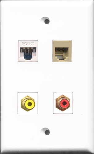RiteAV 1 Port RCA Red and 1 Port RCA Yellow and 1 Port Phone RJ11 RJ12 Beige and 1 Port Cat5e Ethernet White Wall Plate
