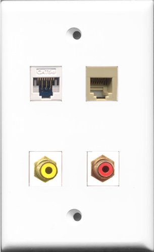 RiteAV 1 Port RCA Red and 1 Port RCA Yellow and 1 Port Phone RJ11 RJ12 Beige and 1 Port Cat5e Ethernet White Wall Plate