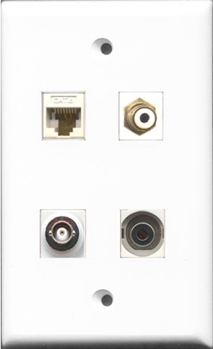RiteAV 1 Port RCA White and 1 Port 3.5mm and 1 Port BNC and 1 Port Cat6 Ethernet White Wall Plate