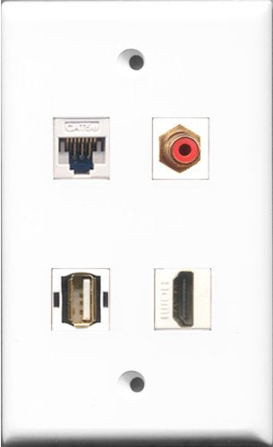 RiteAV 1 Port HDMI and 1 Port RCA Red and 1 Port USB A-A and 1 Port Cat5e Ethernet White Wall Plate