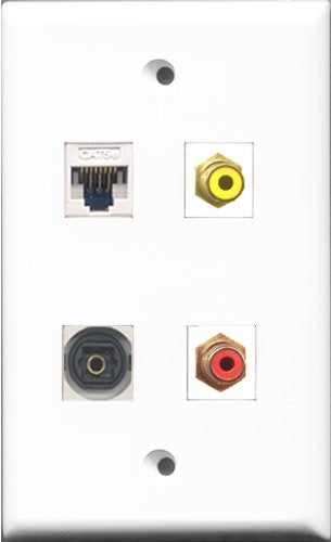 RiteAV 1 Port RCA Red and 1 Port RCA Yellow and 1 Port Toslink and 1 Port Cat5e Ethernet White Wall Plate