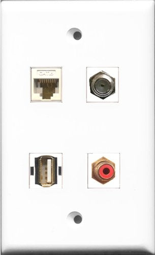 RiteAV 1 Port RCA Red and 1 Port Coax Cable TV- F-Type and 1 Port USB A-A and 1 Port Cat6 Ethernet White Wall Plate