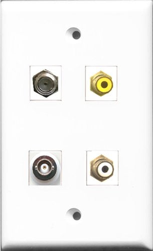 RiteAV 1 Port RCA White and 1 Port RCA Yellow and 1 Port Coax Cable TV- F-Type and 1 Port BNC Wall Plate