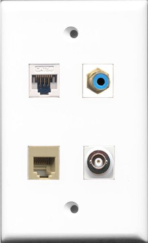RiteAV 1 Port RCA Blue and 1 Port Phone RJ11 RJ12 Beige and 1 Port BNC and 1 Port Cat5e Ethernet White Wall Plate