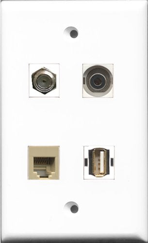 RiteAV 1 Port Coax Cable TV- F-Type and 1 Port USB A-A and 1 Port Phone RJ11 RJ12 Beige and 1 Port 3.5mm Wall Plate