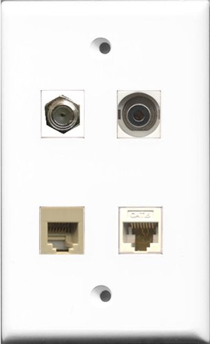 RiteAV 1 Port Coax Cable TV- F-Type and 1 Port Phone RJ11 RJ12 Beige and 1 Port 3.5mm and 1 Port Cat6 Ethernet White Wall Plate