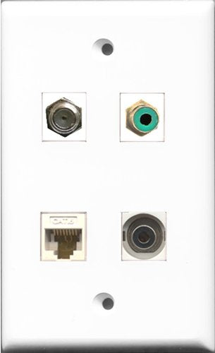 RiteAV 1 Port RCA Green and 1 Port Coax Cable TV- F-Type and 1 Port 3.5mm and 1 Port Cat6 Ethernet White Wall Plate
