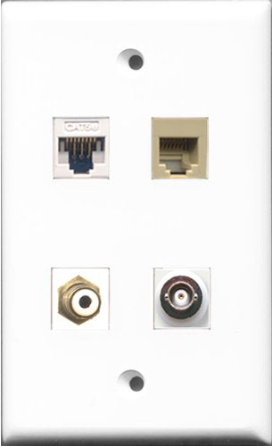 RiteAV 1 Port RCA White and 1 Port Phone RJ11 RJ12 Beige and 1 Port BNC and 1 Port Cat5e Ethernet White Wall Plate
