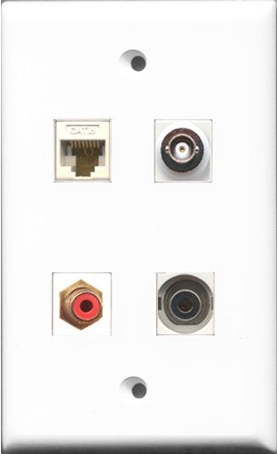 RiteAV 1 Port RCA Red and 1 Port 3.5mm and 1 Port BNC and 1 Port Cat6 Ethernet White Wall Plate