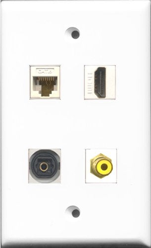 RiteAV 1 Port HDMI and 1 Port RCA Yellow and 1 Port Toslink and 1 Port Cat6 Ethernet White Wall Plate