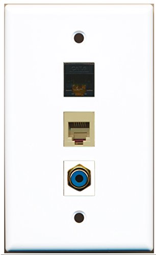 RiteAV - 1 Port RCA Blue and 1 Port Phone RJ11 RJ12 Beige and 1 Port Cat6 Ethernet Black Wall Plate