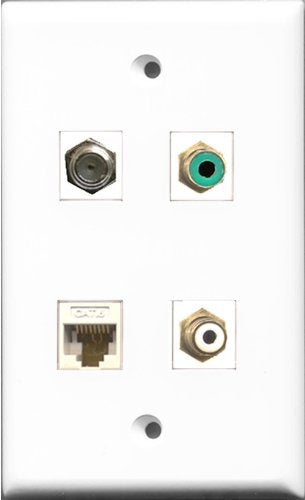 RiteAV 1 Port RCA White and 1 Port RCA Green and 1 Port Coax Cable TV- F-Type and 1 Port Cat6 Ethernet White Wall Plate