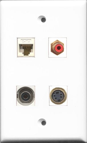 RiteAV 1 Port RCA Red and 1 Port S-Video and 1 Port 3.5mm and 1 Port Cat6 Ethernet White Wall Plate