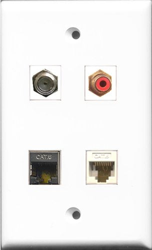 RiteAV 1 Port RCA Red and 1 Port Coax Cable TV- F-Type and 1 Port Shielded Cat6 Ethernet and 1 Port Cat6 Ethernet White Wall Plate