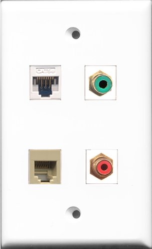 RiteAV 1 Port RCA Red and 1 Port RCA Green and 1 Port Phone RJ11 RJ12 Beige and 1 Port Cat5e Ethernet White Wall Plate
