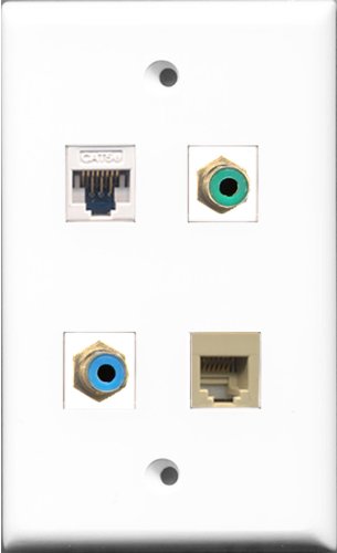 RiteAV 1 Port RCA Green and 1 Port RCA Blue and 1 Port Phone RJ11 RJ12 Beige and 1 Port Cat5e Ethernet White Wall Plate