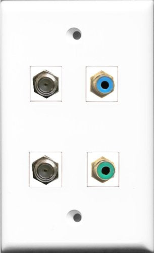 RiteAV 1 Port RCA Green and 1 Port RCA Blue 2 Port Coax Cable TV- F-Type Wall Plate