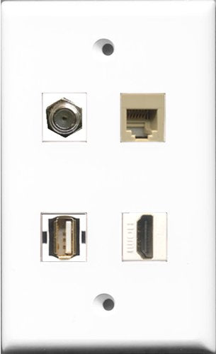 RiteAV 1 Port HDMI and 1 Port Coax Cable TV- F-Type and 1 Port Phone RJ11 RJ12 Beige and 1 Port Shielded Cat6 Ethernet Wall Plate