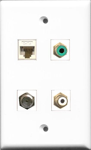 RiteAV 1 Port RCA White and 1 Port RCA Green and 1 Port Coax Cable TV- F-Type and 1 Port Cat6 Ethernet White Wall Plate