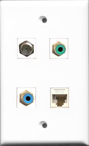 RiteAV 1 Port RCA Green and 1 Port RCA Blue and 1 Port Coax Cable TV- F-Type and 1 Port Cat6 Ethernet White Wall Plate