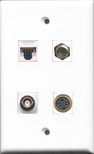 RiteAV - 1 Port Coax Cable TV- F-Type and 1 Port S-Video and 1 Port BNC and 1 Port Cat5e Ethernet White Wall Plate