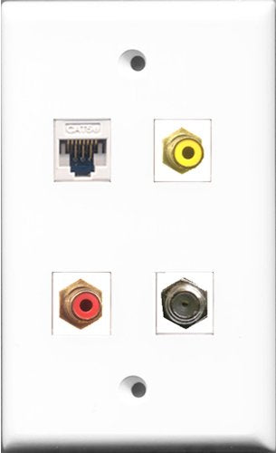 RiteAV 1 Port RCA Red and 1 Port RCA Yellow and 1 Port Coax Cable TV- F-Type and 1 Port Cat5e Ethernet White Wall Plate