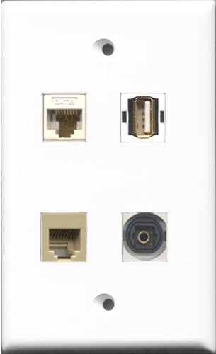 RiteAV 1 Port USB A-A and 1 Port Phone RJ11 RJ12 Beige and 1 Port Toslink and 1 Port Cat6 Ethernet White Wall Plate
