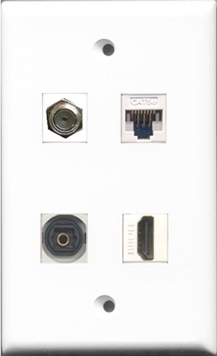 RiteAV 1 Port HDMI and 1 Port Coax Cable TV- F-Type and 1 Port Toslink and 1 Port Cat5e Ethernet White Wall Plate