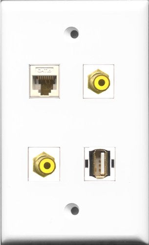 RiteAV - 2 Port RCA Yellow and 1 Port USB A-A and 1 Port Cat6 Ethernet White Wall Plate