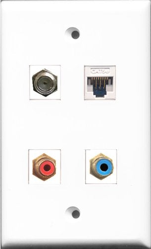 RiteAV 1 Port RCA Red and 1 Port RCA Blue and 1 Port Coax Cable TV- F-Type and 1 Port Cat5e Ethernet White Wall Plate