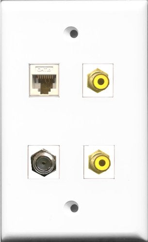 RiteAV - 2 Port RCA Yellow and 1 Port Coax Cable TV- F-Type and 1 Port Cat6 Ethernet White Wall Plate