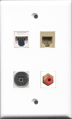 RiteAV 1 Port RCA Red and 1 Port Phone RJ11 RJ12 Beige and 1 Port Toslink and 1 Port Cat5e Ethernet White Wall Plate