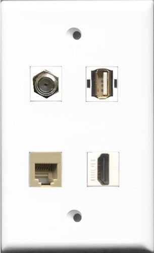 RiteAV 1 Port HDMI and 1 Port Coax Cable TV- F-Type and 1 Port USB A-A and 1 Port Phone RJ11 RJ12 Beige Wall Plate