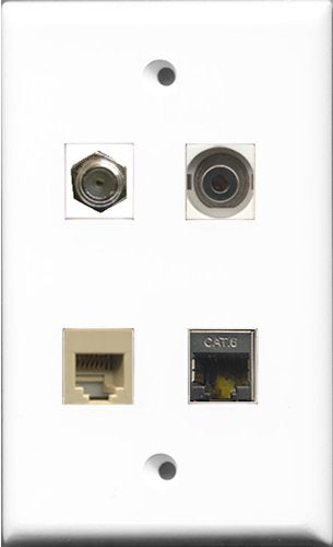 RiteAV 1 Port Coax Cable TV- F-Type and 1 Port Phone RJ11 RJ12 Beige and 1 Port Shielded Cat6 Ethernet and 1 Port 3.5mm Wall Plate