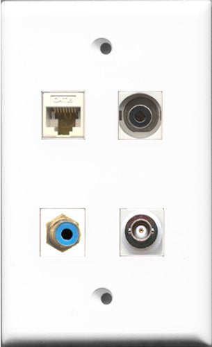 RiteAV 1 Port RCA Blue and 1 Port 3.5mm and 1 Port BNC and 1 Port Cat6 Ethernet White Wall Plate