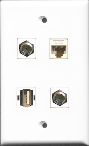 RiteAV - 2 Port Coax Cable TV- F-Type and 1 Port USB A-A and 1 Port Cat6 Ethernet White Wall Plate