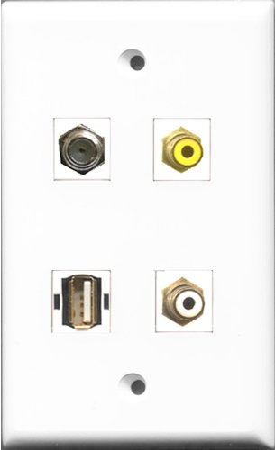 RiteAV 1 Port RCA White and 1 Port RCA Yellow and 1 Port Coax Cable TV- F-Type and 1 Port USB A-A Wall Plate