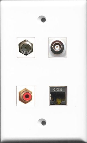 RiteAV 1 Port RCA Red and 1 Port Coax Cable TV- F-Type and 1 Port Shielded Cat6 Ethernet and 1 Port BNC Wall Plate