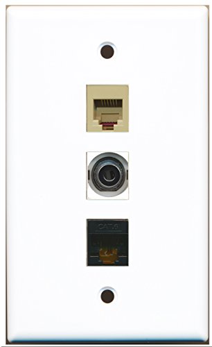 RiteAV - 1 Port Phone RJ11 RJ12 Beige and 1 Port 3.5mm and 1 Port Cat6 Ethernet Black Wall Plate