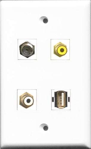 RiteAV 1 Port RCA White and 1 Port RCA Yellow and 1 Port Coax Cable TV- F-Type and 1 Port USB A-A Wall Plate