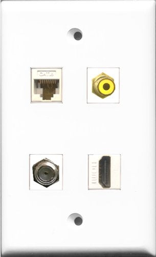 RiteAV 1 Port HDMI and 1 Port RCA Yellow and 1 Port Coax Cable TV- F-Type and 1 Port Cat6 Ethernet White Wall Plate