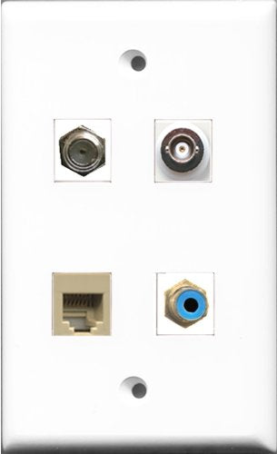 RiteAV 1 Port RCA Blue and 1 Port Coax Cable TV- F-Type and 1 Port Phone RJ11 RJ12 Beige and 1 Port BNC Wall Plate